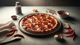 Freshly baked pepperoni pizza on a stone tray surrounded by chili peppers, garlic, herbs, and seasonings on a rustic tabletop.