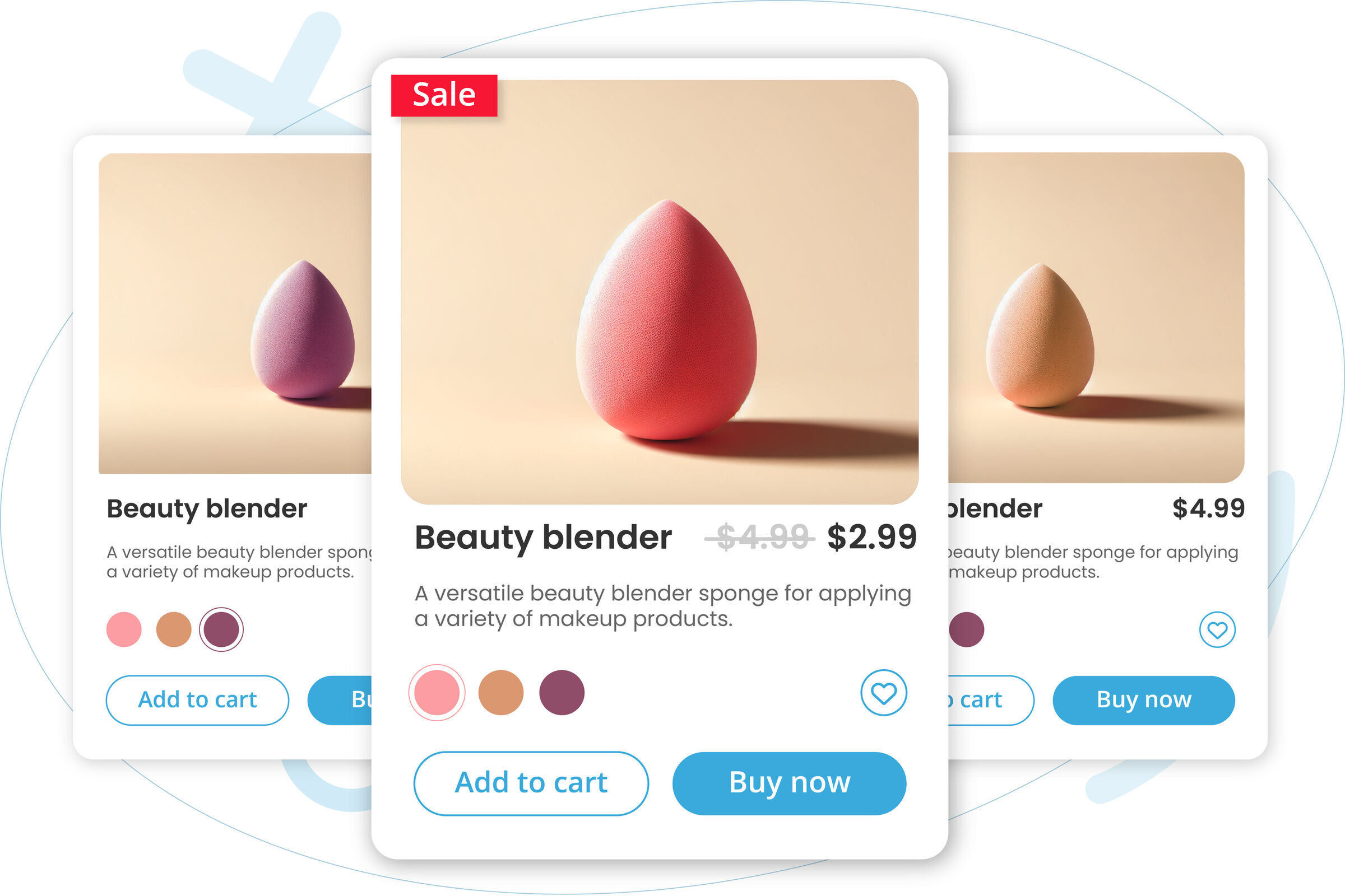 E-commerce product cards showcasing a beauty blender sponge with a sale badge, price, color options, and action buttons Add to cart and Buy now.