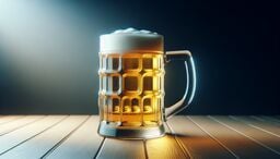 Frosty glass beer stein filled with golden lager and a thick foamy head, sitting on a wooden table under dramatic side lighting.