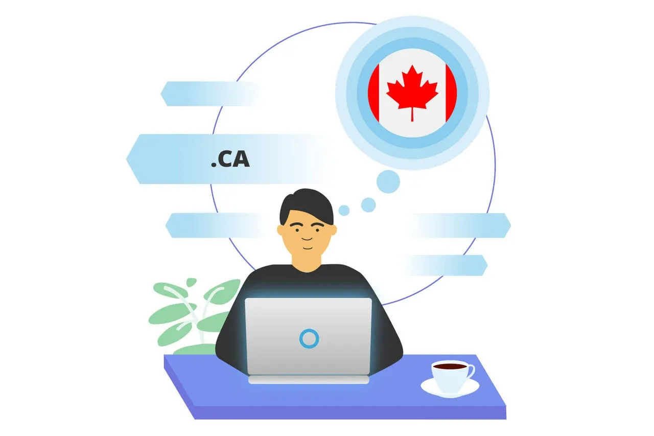 Illustration of a person using a laptop and thinking about a .CA Canadian domain, with a thought bubble showing a red maple leaf flag.
