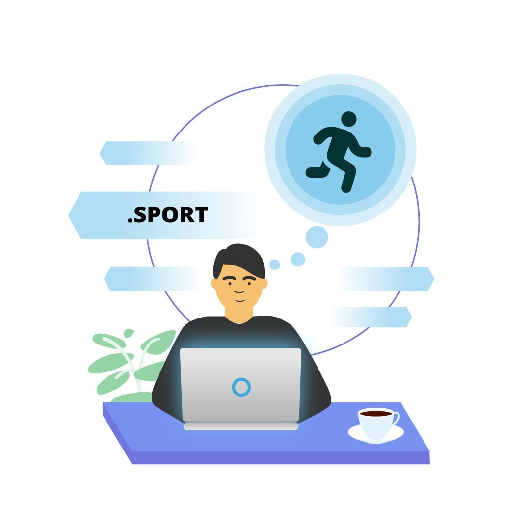 Illustration of a person at a desk using a laptop, thinking about sports, with a .SPORT label and a running icon in a speech bubble.