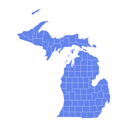 Map silhouette of Michigan showing county boundaries in both the Upper and Lower Peninsulas on a white background.