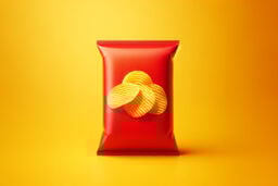 Red potato chip bag centered on a vibrant yellow background with an image of ridged chips on the front.