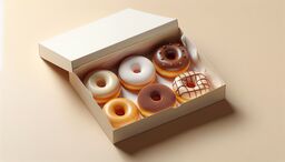 Open pastry box with six assorted donuts on a beige surface, arranged neatly with various glazes and toppings.