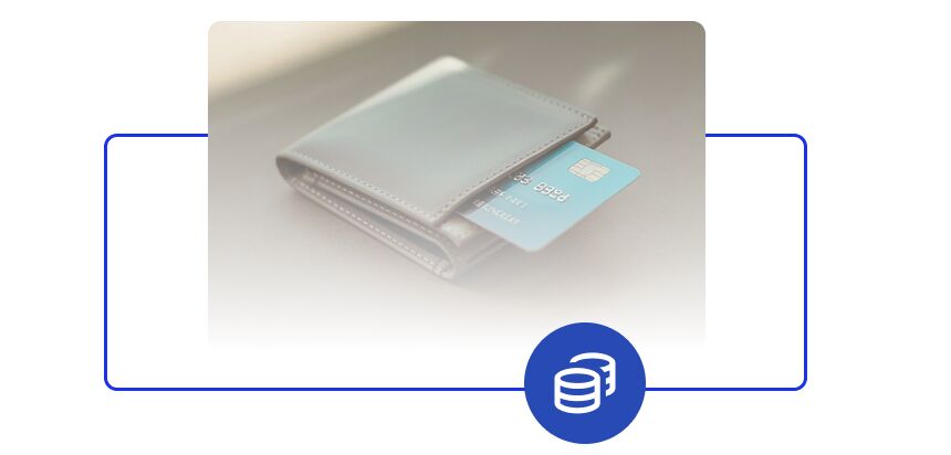 Minimal graphic showing a light gray wallet with a blue credit card peeking out, overlaid with a fading white gradient and a blue circular icon of stacked coins below.