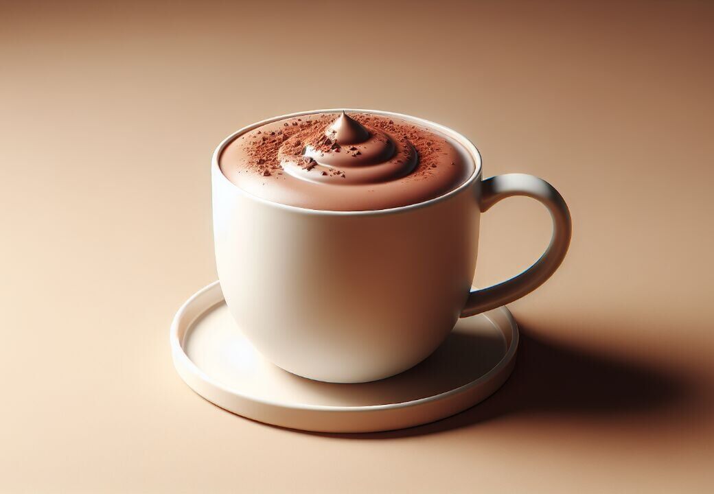 Creamy hot chocolate in a white mug on a saucer against a warm beige background.