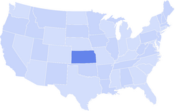 Map of the United States with Kansas highlighted in a darker blue.