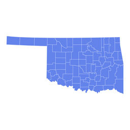 Blue map of Oklahoma showing all county boundaries on a white background.