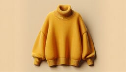 Cozy mustard-yellow turtleneck sweater with ribbed collar, cuffs, and hem against a matching beige background.