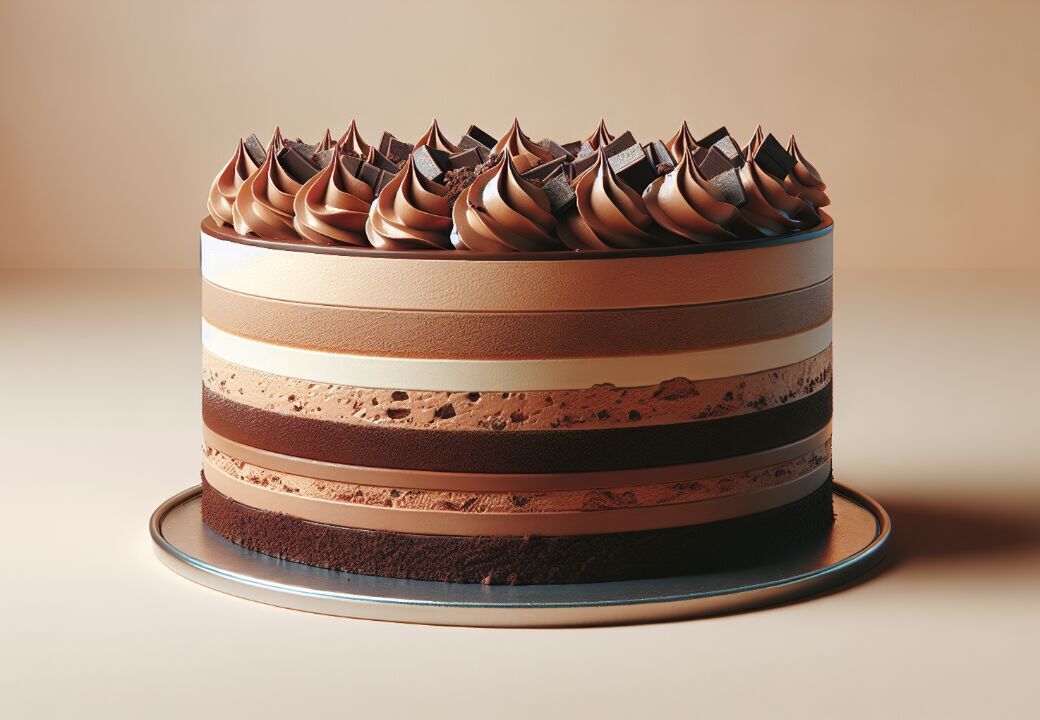 Tall multi-layered chocolate mousse cake with swirled chocolate frosting and chocolate chunks on top, displayed on a metal cake board against a warm beige background.