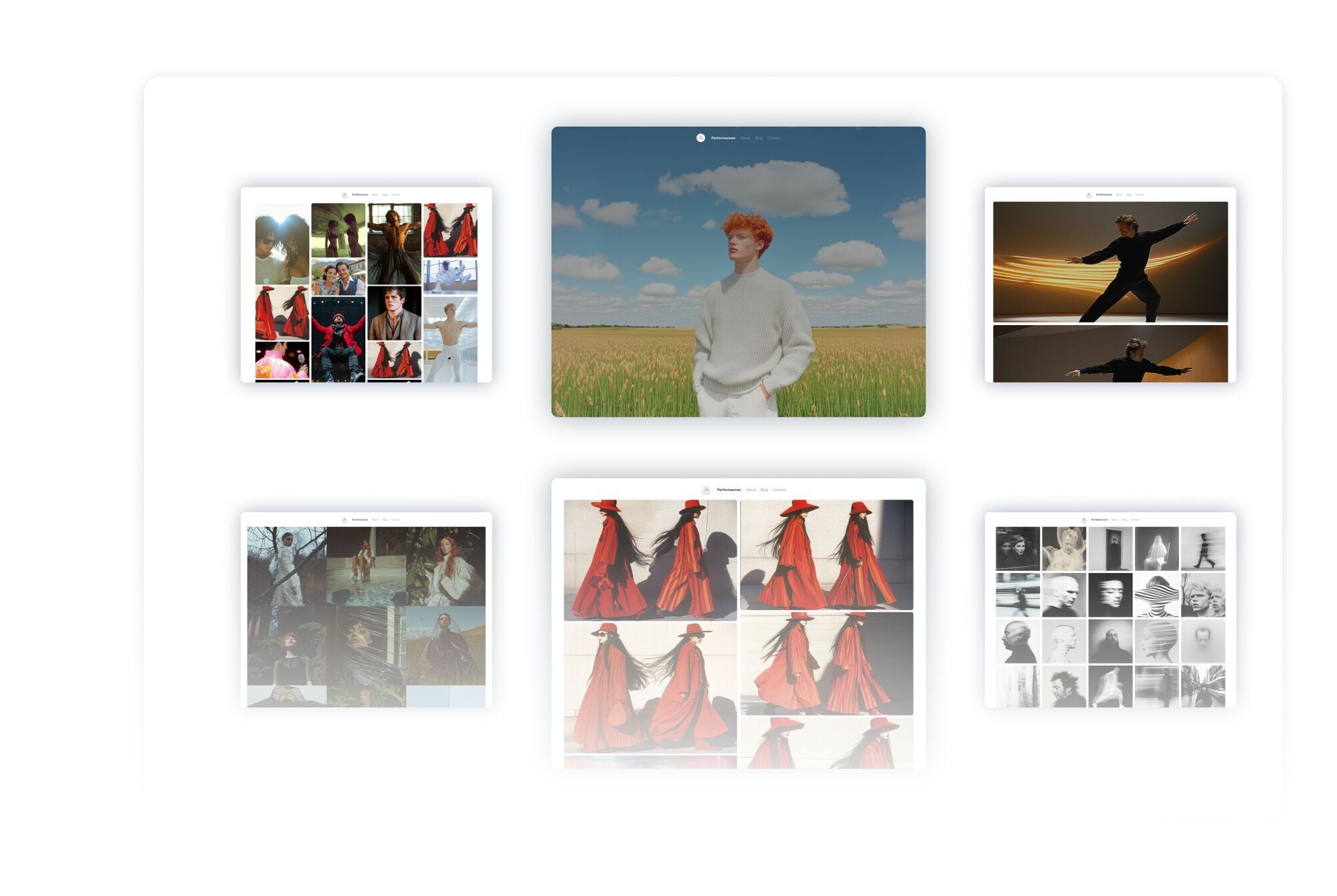 Collage of portfolio webpage mockups showing fashion and portrait photography galleries