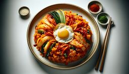 Close-up of a plated Korean-style kimchi fried rice topped with a sunny-side-up egg, garnished with sesame seeds and scallions, with small bowls of seasonings and chopsticks beside it.