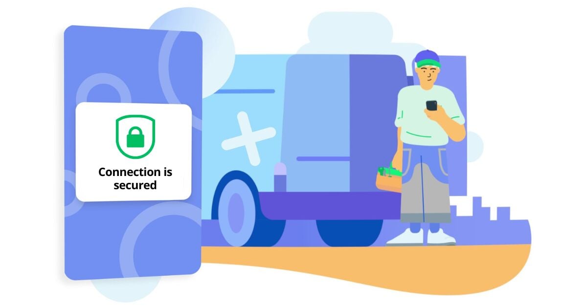 Illustration of a person checking a smartphone next to a vehicle, with a security badge stating Connection is secured.