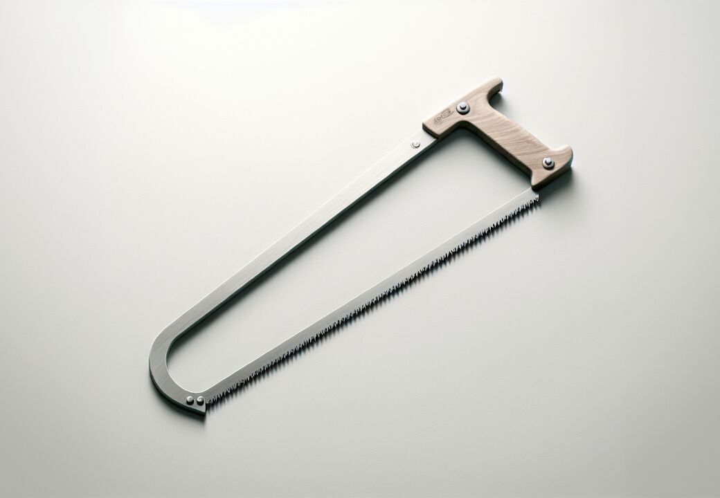 Minimalist photo of a bow saw with a wooden handle and a thin metal frame on a light gray background.