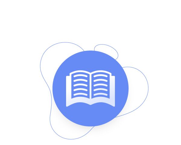 Blue circular icon with a white open book symbol and abstract curved line shapes in the background.
