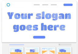 Mockup of a website homepage with large placeholder text reading 'Your slogan goes here' and a rounded button below, shown in soft blue and white colors with simplified card thumbnails and icons beneath the hero section.