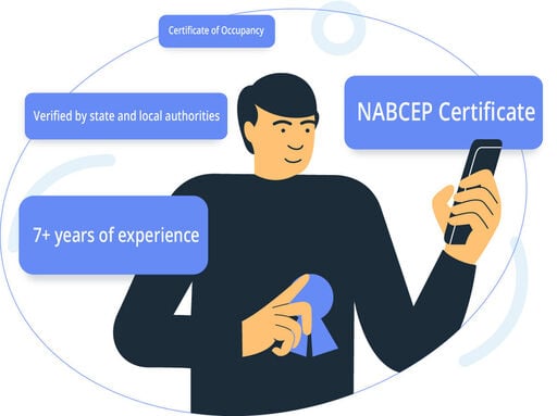 Illustration of a person checking credentials on a smartphone with certification badges around them.