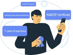 Illustration of a person checking credentials on a smartphone with certification badges around them.
