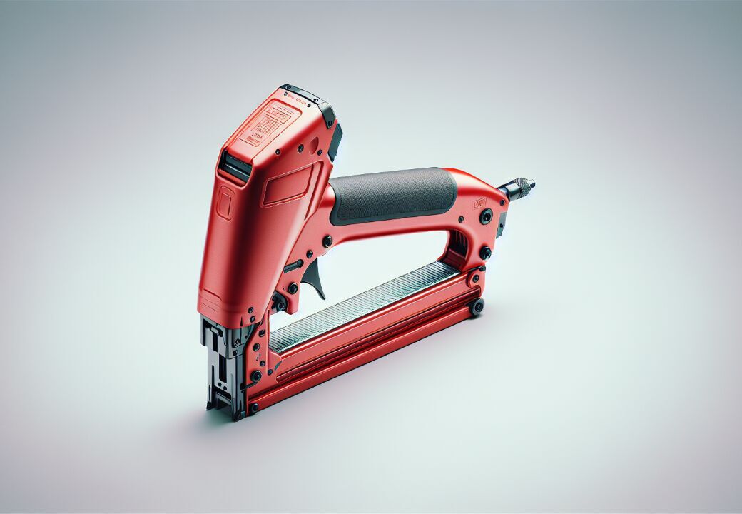 Red pneumatic stapler/nail gun with black grip on a light gradient background.
