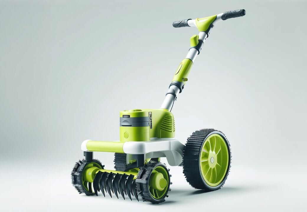Modern green and white garden tool with handle and large rear wheels, featuring front spiked roller blades for lawn care, on a plain light background.