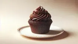 Chocolate cupcake with swirled frosting on a white plate