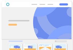 Illustration of a web dashboard interface with a large blue abstract graphic on the right, navigation pills at the top, and card thumbnails with vehicle icons along the bottom.