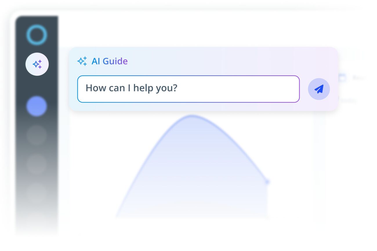 Minimalist dashboard UI with an AI chat widget asking, "How can I help you?" and a soft gradient panel over a faded analytics chart.