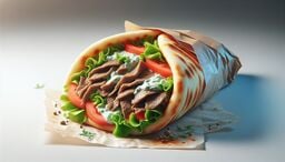 Close-up of a wrapped shawarma or gyro with sliced meat, lettuce, tomato, and herbed yogurt sauce in warm pita bread on parchment paper.