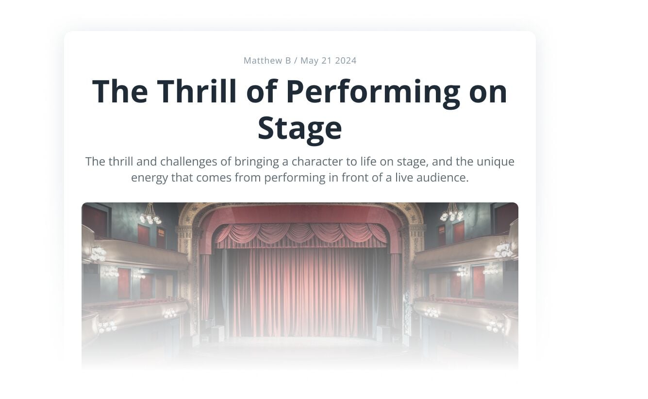 Blog post header titled “The Thrill of Performing on Stage" with a featured image of an ornate theater interior and closed red stage curtains.