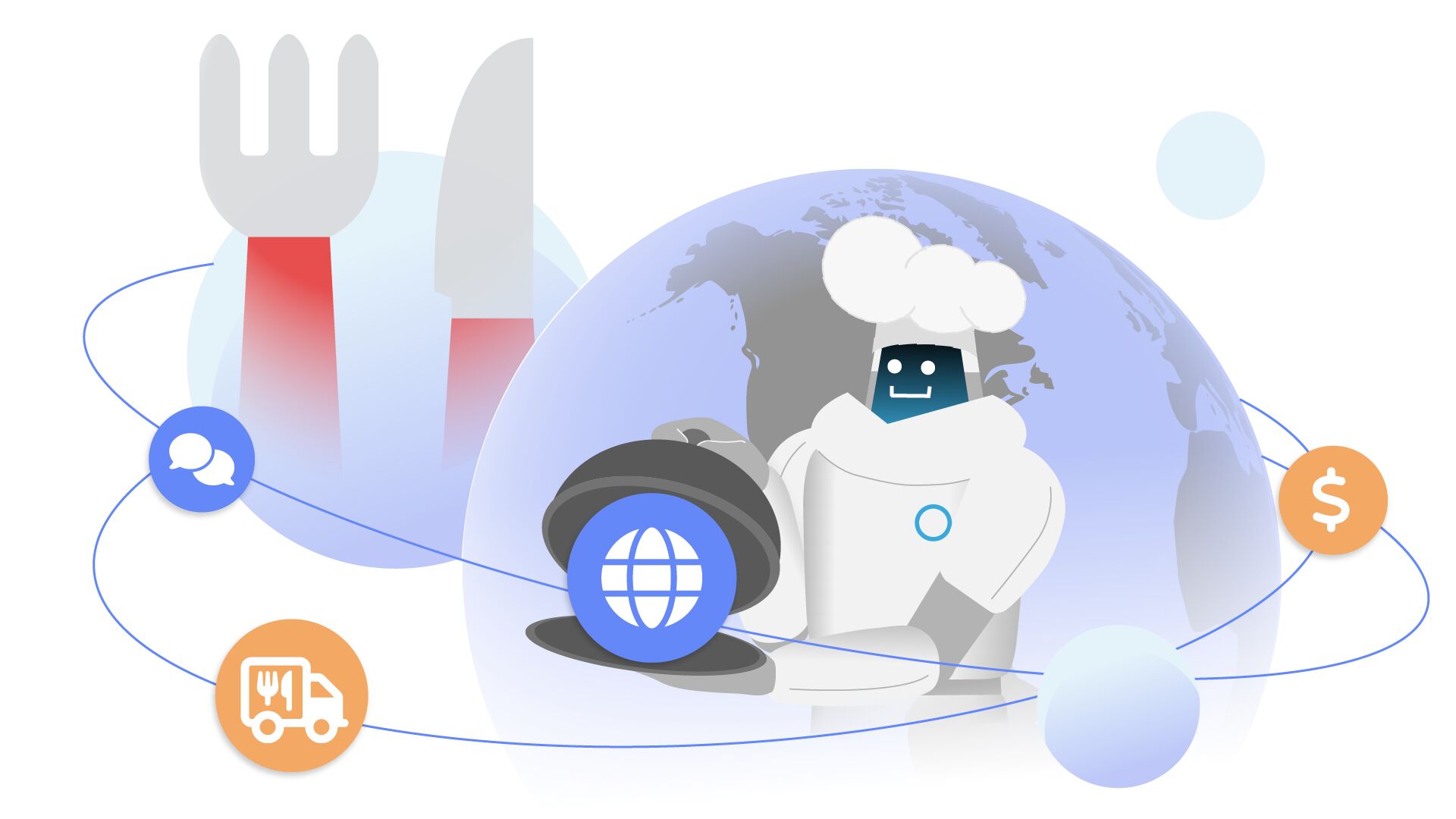 Playful illustration of a robot chef serving a globe on a tray with food-related icons around a world map backdrop.