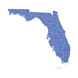 Blue map outline of the state of Florida with county boundaries shown on a white background.