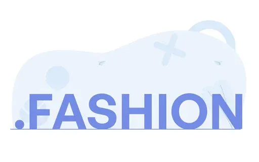 Minimal banner with the text .FASHION in bold blue letters over a soft abstract shape background.