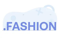 Minimal banner with the text .FASHION in bold blue letters over a soft abstract shape background.