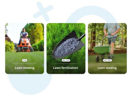 Three lawn care service cards showing lawn mowing, fertilization, and seeding with sample prices.