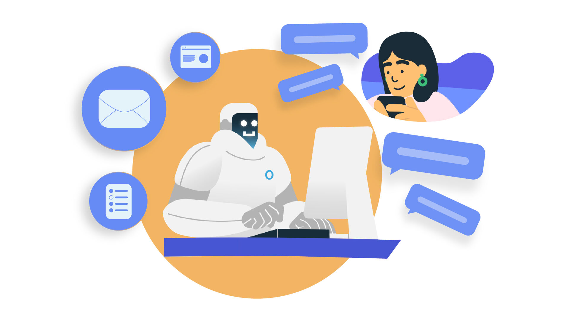 Illustration of a friendly robot at a computer chatting with a person on a phone, surrounded by message bubbles and icons.