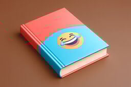 Colorful hardcover book with a laughing-crying emoji on the cover, lying on a brown surface.