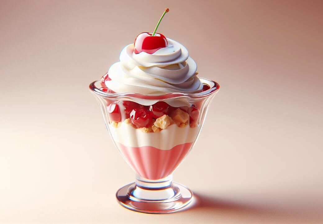 Cherry parfait dessert in a glass cup topped with whipped cream and a red cherry on a soft pink background.