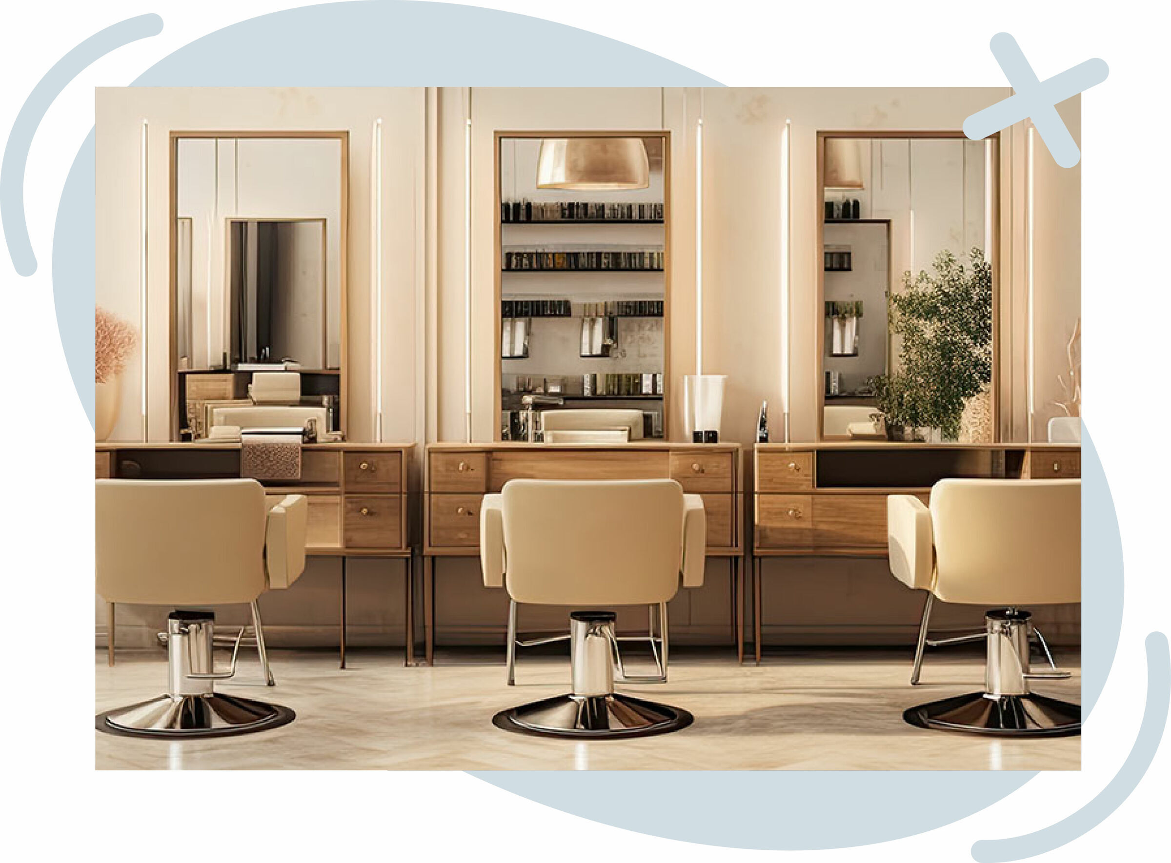 Modern hair salon interior with three beige styling chairs facing large mirrors above wooden vanities, softly lit with vertical lights and warm tones.
