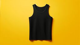 Black sleeveless tank top laid flat on a vibrant yellow background.