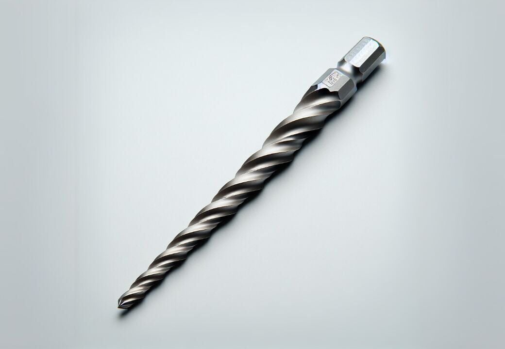 Close-up of a metallic spiral drill bit with a hex shank on a light gray background