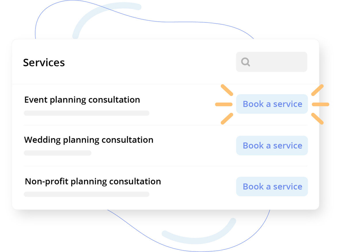 Interface mockup showing a services list with a highlighted 'Book a service' button.