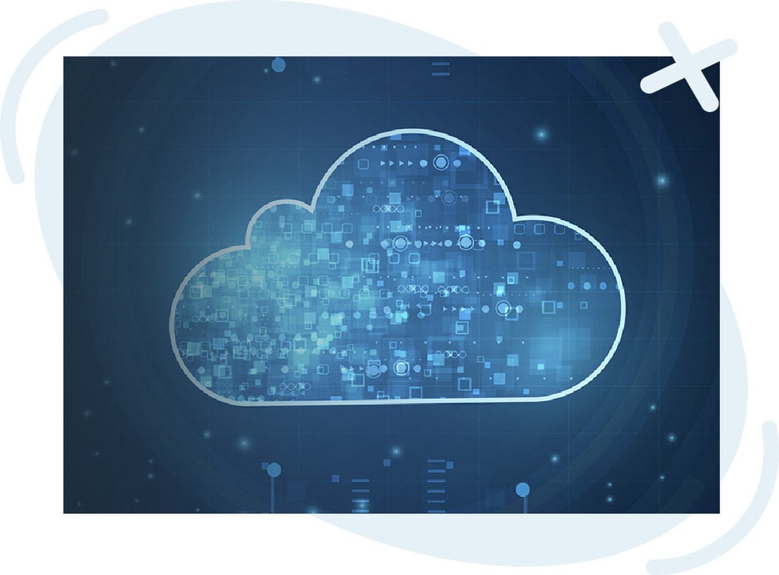 Stylized digital illustration of a cloud icon filled with abstract data symbols on a dark blue grid background, representing cloud computing and data storage.