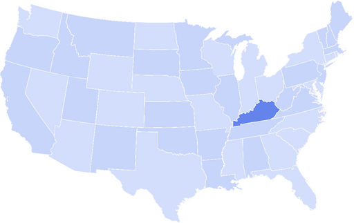 US map with the state of Kentucky highlighted in a darker blue.