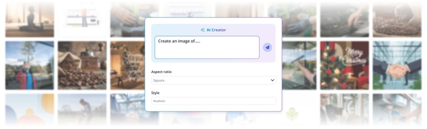 Interface of an AI image generator with a central prompt box asking to create an image, showing options for aspect ratio and style, over a blurred grid of various stock-like images in the background.