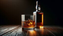 Close-up of a glass of whiskey with ice on a wooden table, with a whiskey bottle in the background against a dark backdrop.
