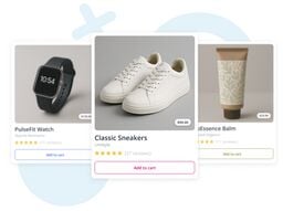 Product cards UI showing items like classic white sneakers, a smartwatch, and a skincare balm with ratings and add-to-cart buttons.