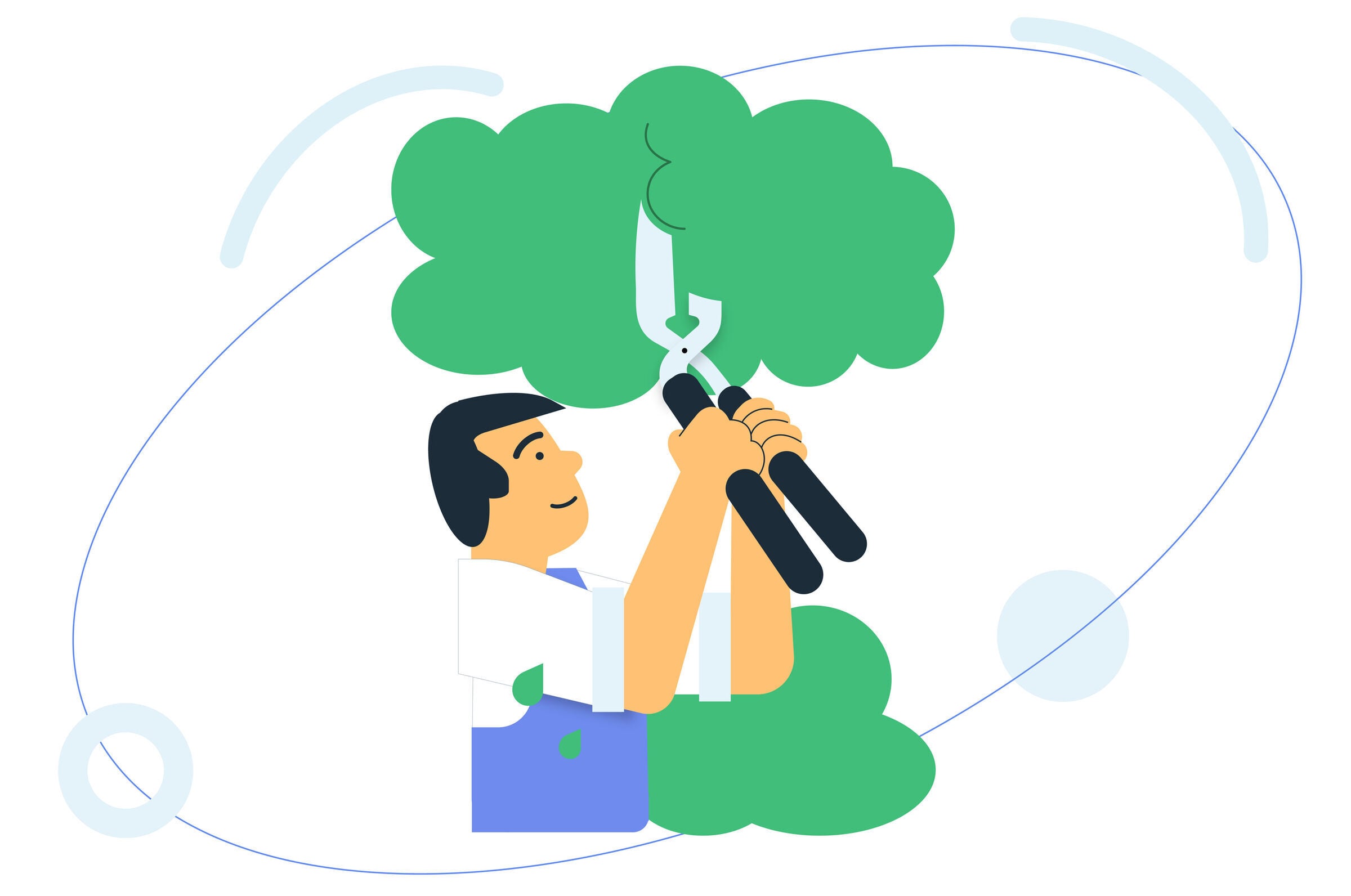 Illustration of a person trimming a bush with long-handled hedge clippers.