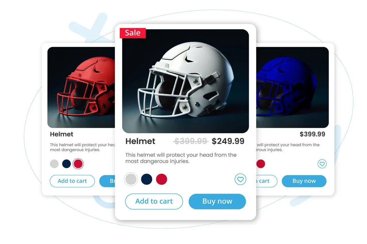 Ecommerce product cards UI showcasing football helmets with a featured white helmet on sale, alongside red and blue variants.