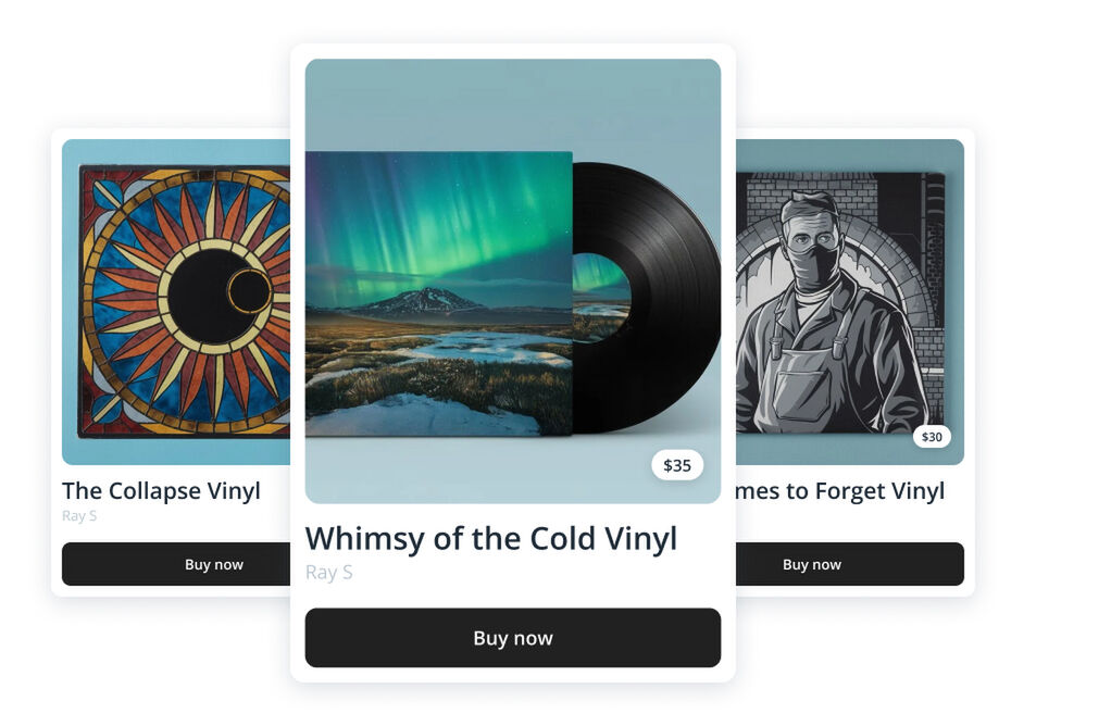 E-commerce product cards showcasing vinyl records with artwork and prices for a musician’s shop