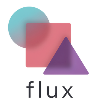 Flux abstract logo with overlapping circle, square, and triangle in soft gradients